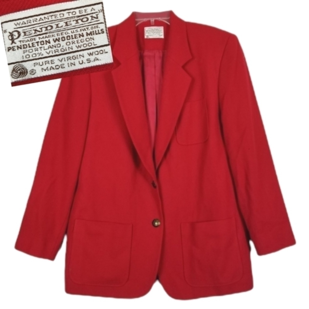 Vintage 80s Pendleton 100% Wool Blazer Red Gold Embossed Buttons Size 8 USA
